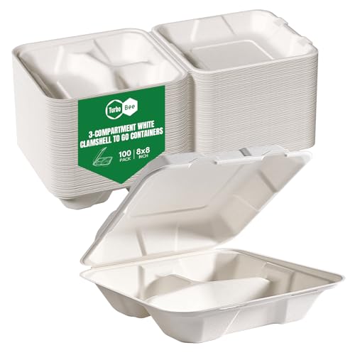 Turbo Bee 100 Pack 8x8inch White 3 Compartment Take Out Containers with Lids, Disposable Clamshell Meal Prep Containers, Divided Lunch Boxes for Catering, Restaurant & Meal Prep by Turbo Bee - Used condition - US$39.89