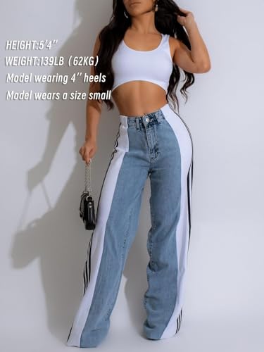 knowfashionstyle Women’s Jeans Wide Leg Patchwork Stripes High Waist Jean Color Block Baggy Straight Trendy Demin Pants2
