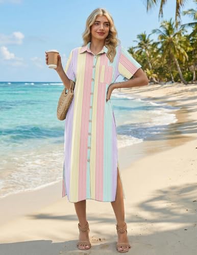 Image of HOTOUCH Womens Dress Summer Casual Midi Short Sleeve Button Down Shirt Dresses Loose Beach Cover Up with Pockets
