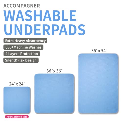 Image of Accompagner Incontinence Bed Pads Washable Waterproof, Ultra-Absorbent Reusable Underpads for Diaper Changing, Nursing, Bedridden, Adults, Seniors, Kids and Dogs (Blue, 24 inchx24 inch(Pack of 4))