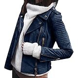 ORANDESIGNE Dunkelblau Reißverschluss Umlegekragen Langarm Warme Wildleder Mantel Bikerjacke Lederjacke Damen Mode XL
