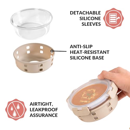Image of Nestasia Gripso Glass Containers Set of 3 (400ml, 600ml, 950ml) with Silicone Sleeve & Locking Lid, Microwave, Dishwasher & Freezer Safe Round Food Storage Containers (Beige)