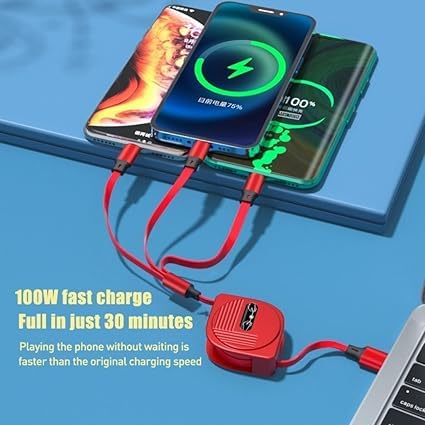Image of Original 100W USB C Multi Charging Cable 3in1 Retractable Charge Cord Compatible with Phone /Type C /Micro for All Android and iOS Smartphone Multifunction 3 in 1 Cable (APR196)