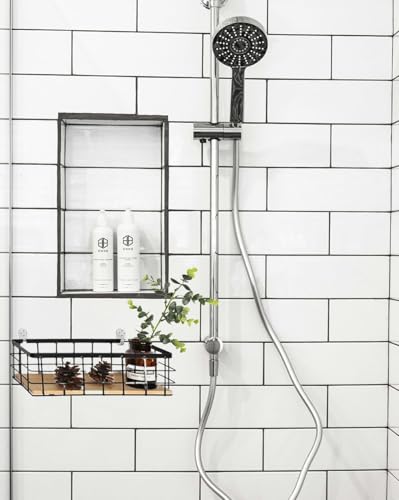 Cesta de almacenamiento de metal con base de madera natural y rejilla negra 5