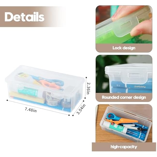 Clear Plastic Pencil Case Pouch Box 8 Pack, Stackable Storage Organizer with Snap Lid for Pens, Markers, Beads, Jewelry, Stickers, Art Supplies, School Office Hobby Use, Rectangular Large