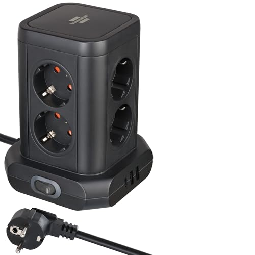 Brennenstuhl Steckdosenturm 8-Fach mit USB (Steckdosenblock 8-Fach mit 2X USB A & 1x USB C Power Delivery zum Schnellladen, Steckdosen in 45°-Anordnung, 2m Kabel) schwarz