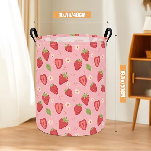 Image of Round Laundry Basket Collapsible Storage Hamper Flower Strawberry | Waterproof Canvas Foldable Baskets with sturdy Handles Multi-scene Organizer for Home Play Bedroom Gift Bin