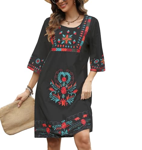 Image of Higustar Mexican Embroidered Dress Summer Cotton Bohemian Flower Peasant Traditional Mexico Fiesta Boho Dresses for Women