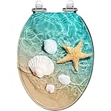 Elongated Toilet Seat seashell summer beach sea water Resin Toilet Seat with Quietly Close Quick Release Hinges Decorative Toilet Seat with Cover Easy to Clean and Install Beach Theme Decor
