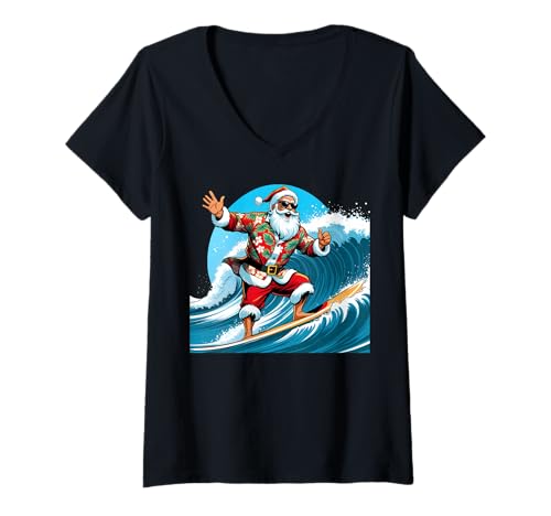 Femme Le père Noël Vacances Surf Drôle Christmas Hawaii Surfeur T-Shirt avec Col en V