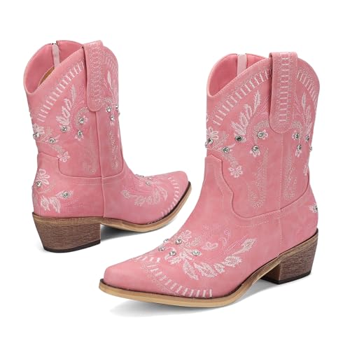 Image of Rhinestone Ankle Cowboy Boots for Women Embroidered Short Cowgirl Boots with Low Heel Side Zipper Comfortable Chunky Heel Western Booties for Prom Party Wedding Pull On Shoes
