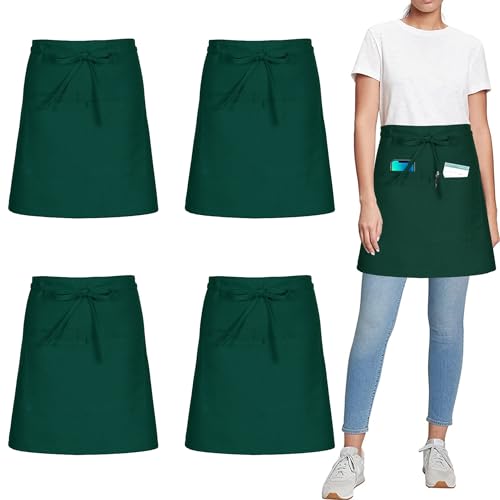 umboom 4 Stück Vorbinder Schürze, Grün Küchenschürze mit 3 Taschen, Kurz Koch Schürzen, Kellnerschürze Grillschürze Baristaschürze Taillenschürze für Herren Damen (Grün - Polybaumwolle)