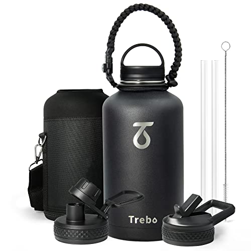 Trebo Half Gallon Water Bottle with Paracord Handle 64oz Wide Mouth Insulated Double Wall Stainless Steel Large Sports Flask Keep Hot 24 Hours & Cold 48 Hours Water Jug with 3 Lids, Black