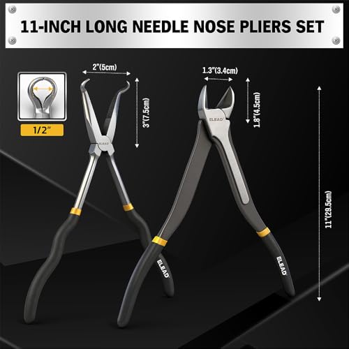 Image of 5-Piece 11 Inch Long Needle Nose Pliers Set with 4 Magnetic Plier Racks, Extra Long Reach Pliers Set, 45 & 90 Bent Needle Nose Pliers, Circle Nose and Diagonal Pliers for Tight Spaces