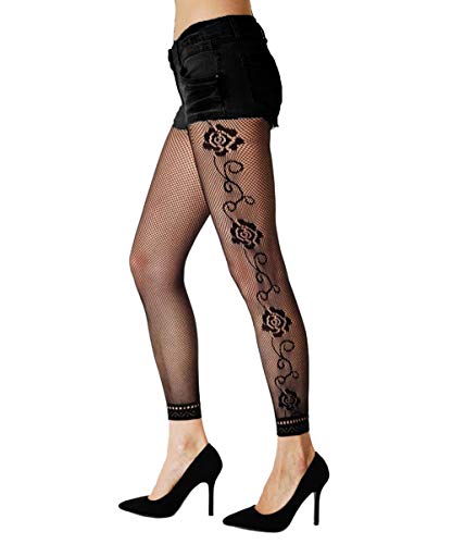 Image of Women High Waist Fishnet Footless Leggings Flower Pattern Footless Tights