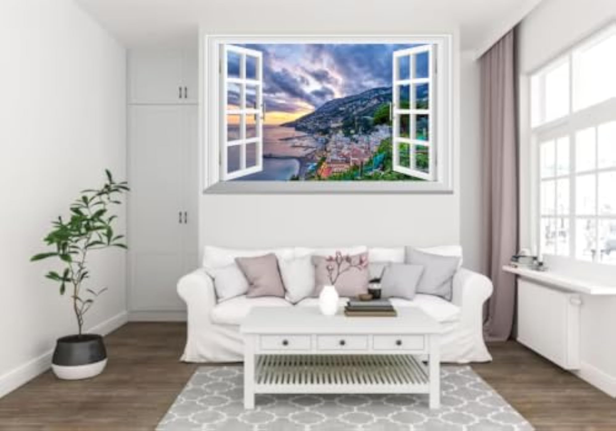 3D Open Window Coastal City View Wall Sticker
