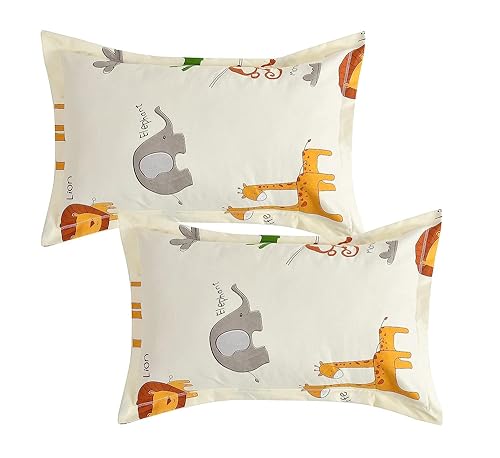 Image of RD FABS Glace Cotton Wrinkle Free Soft Hypoallergenic Bed Sheet with 2 Pillow Cover,Cartoon Printed,Double Bed King Size Bedsheet for Kids Room Boys Girls(90x95 Inches /Cream /Animal),144 TC