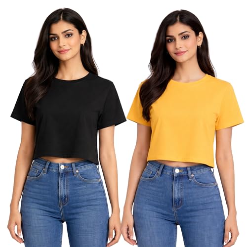 Image of Hangout Hub Women Crop Top T-Shirts | Round Neck Plain Solid Tshirts | Double Weaved | Shrink Free Tees | Casual T-Shirt for Woman Ladies Girls(Cotton|Pack of 3)