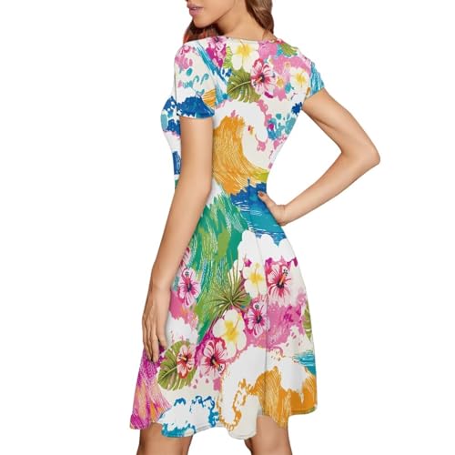 Image of HUGS IDEA Womens Puffy Swing Midi Dress Round Neck Short Sleeve Party A-Line Dresses