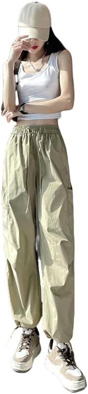 JYHBHMZG Women's American Style Retro Spring Summer Cuffed Hem Wide Leg High Waist Sports Cargo Pants