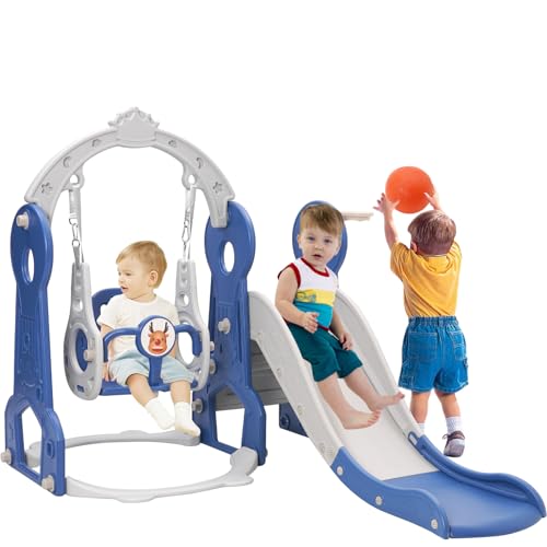 Ensemble de Toboggan et balançoire pour Tout-Petits, Ensemble de Jeu d'escalade pour bébé 4 en 1 avec balançoire, Toboggan grimpeur et Basket-Ball,...