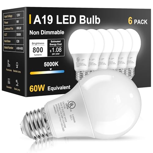 TJOY 6 Pack LED Light Bulbs 60 Watt Equivalent, Daylight White 5000K A19, Efficient 9W, E26 Standard Base, 800 LM Energy Saving Lightbulbs for Home Bedroom Living Room Office, Non-Dimmable, UL Listed