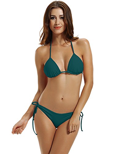 zeraca Women's Tie Side Bottom Triangle Bikini Swimsuits (Large / 14, Everglade Green)