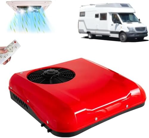 12V/24V RV Air Conditioner for Vans & Campers, Remote Control Cooling Unit for Bus, Truck & Vehicle - Ideal Parking AC, Red-24V, Efficient & Compact