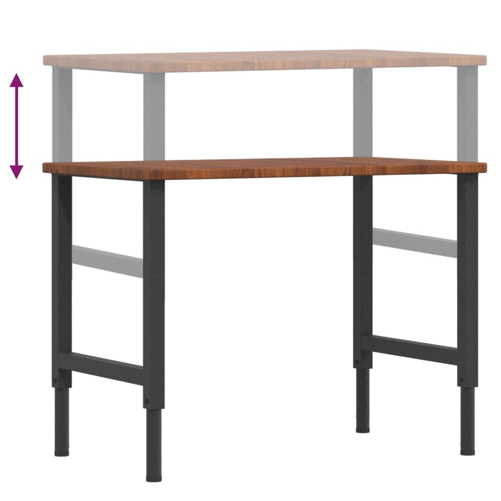Banco de trabajo de roble macizo marrón oscuro 100 x 60 x (71,5 – 98) cm con patas ajustables en altura y estructura de metal robusta. Equipo de taller estable para aficionados al bricolaje con gran