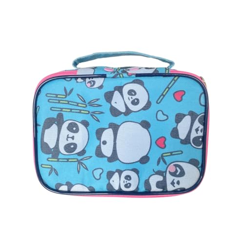 Estojo Escolar Grande modelo 100 Pens, Zíper Interno, Alça e Divisória Central Removível (Panda, Azul/Rosa)