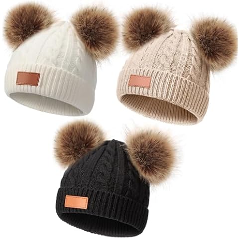 Geyoga Kids Toddler Winter Pompom Hat Baby Knitted Beanie Hat Faux Fur Pom Beanie Cap for Girls Boys 1-3 Years Old(Khaki; White; Black,M) Cover