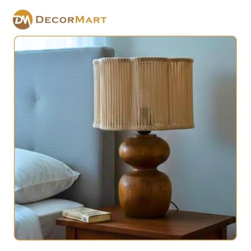 Image of The Decor Mart Jute Shade Table Lamp with Wooden Base|Sleek Decor Decorative Beside Light for Desk,Bedroom, Living Room, Home Office and Hotel(20x20x30 cm) (Off White)