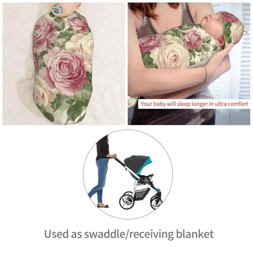 Image of Vintage Pink Rose Floral Swaddle Blanket with Beanie Hat Set Newborn Receiving Blankets Baby Swaddle Wrap Soft Swaddle Blankets for Baby Boys and Girls