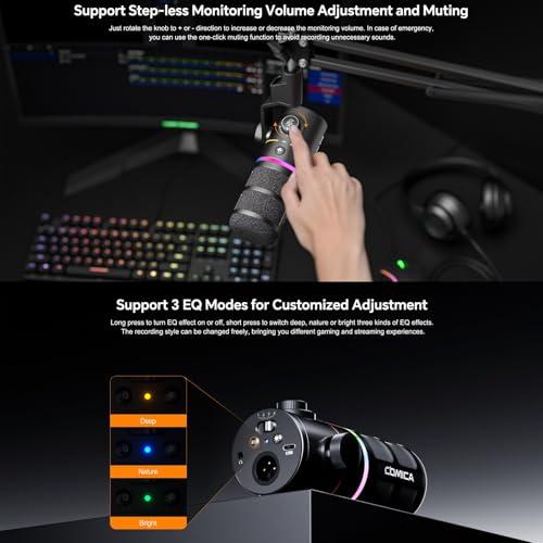 COMICA D10 Pro D Combo XLR USB Dynamisches Mikrofon mit Empfänger-Desktop-Mikrofonständer für Gaming/TikTok/Podcast-Aufnahmen, unterstützt RGB-Licht-Stummschalttaste für PC,Smartphone,Computer (weiß)
