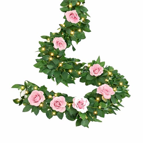 7.8FT Artificial Rose Garland with Lights Artificial Rose Vines with 30 LED Fairy String Lights Silk Hanging Rose Garlands for Valentines Day Anniversary Wedding Table Birthday Party Decor(Pink)