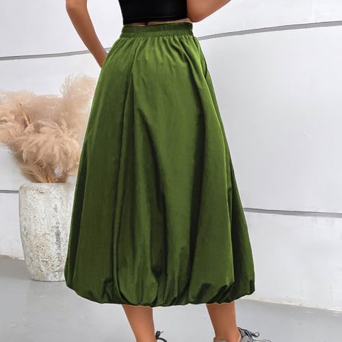 Women Casual Midi Skirts 2025 Summer Trendy Solid Color Elastic Waist Flowy A-Line Versatile Skirt with Pocket4