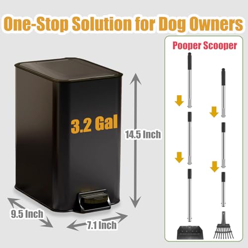 Image of Metal Dog Pooper Scooper for Yard - 3.2Gal Dog Poop Trash Can Outside with Pedal - Pet Waste Container Outdoor - Stainless Steel Garbage Bucket with Lid - Black Trash Bin, Long Handle Tray and Rake