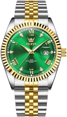 OLEVS Green Mens Watches Waterproof Casual Watch for Men Silver and Gold Two Tone Stainless Steel Watch Diamond Dress Green Face Wristwatch Calender Roman Numeral Luminous Watches Analog Quartz
