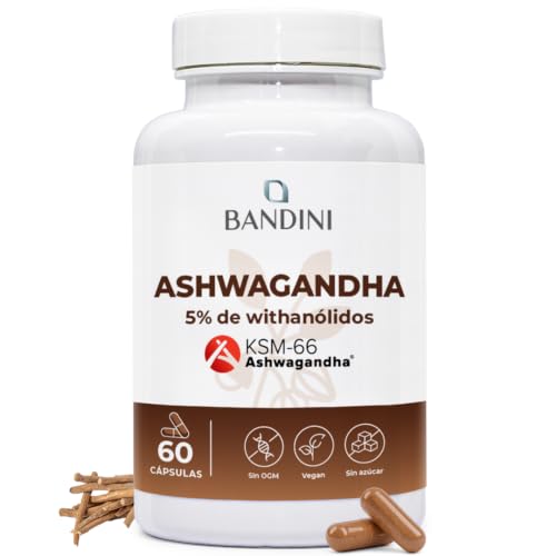 Bandini® Ashwagandha Vegan KSM-66® - Cápsulas de Ashwaganda en polvo extraídas de Withania Somnifera - 5% de witanólidos - 60 capsulas de 500 mg de Ginseng Indio - Bienestar de Tradición Ayurvédica