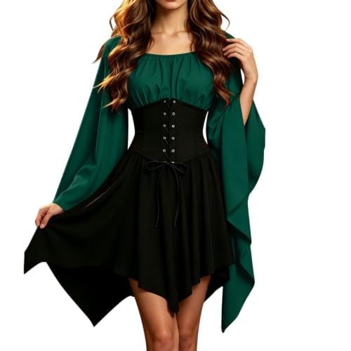 White Pirate Dress,Pirate Costume Women Shoulder Ruffle Romper Dress Puff Sleeve Smocked Overall Elastic Waist A-Line Victorian Medieval Mini Dresses For Halloween Party Cosplay