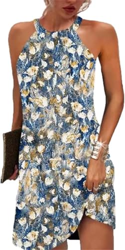 Image of Kubsid Halter Dresses for Women 2026 Casual Floral Print Summer Dresses Hollow Out A-line Sundresses for Beach Vacation
