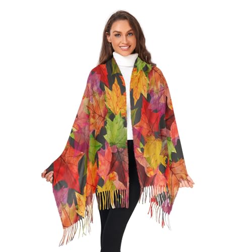 VIGTRO Women Wrap Pashmina Shawl Autumn Maple Leaves Cashmere Feel, Watercolor Fall Foliage Winter Warm Long Scarf with Tassels for Evening Dress & Wedding4