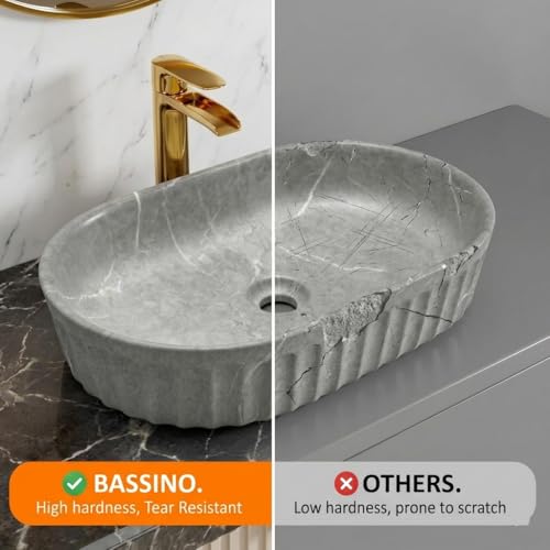 Image of BASSINO 22x14x6 Inches Ceramic Table Top Wash Basin /Designer Bathroom Sink /Matt Countertop Vessel Basin /Oblong-Oval Above Counter Basin /Wash Basin for Bathroom /Dining Hall(White and Grey Marble)