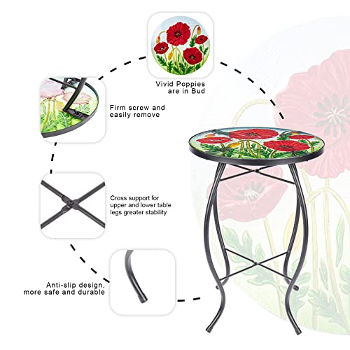 Mumtop Outdoor Side Table - Small Mosaic Patio Table, Poppy 14” Accent Round Side Table Glass Plant Stand For Garden Patio Living Room #TOP4