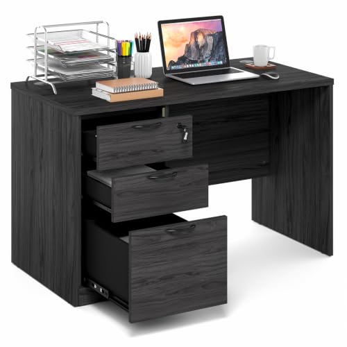 Image of Furinno Roger 47 Inch Executive Desk with File Cabinet, Home Office Desk with 3-Drawer Fixed Pedestal Filing Cabinet, Desk Cord Grommet, for Home Office, Coastal Grey