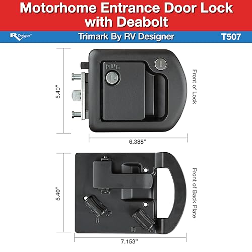 Image of RV Designer T507 TriMark Motorhome Entrance Door Lock with Deadbolt - Fit for 1.38-1.58 inch RV Motorhome Doors - Right /Left-Hand Use - FMVSS 206 Compliant (Pack of 6)