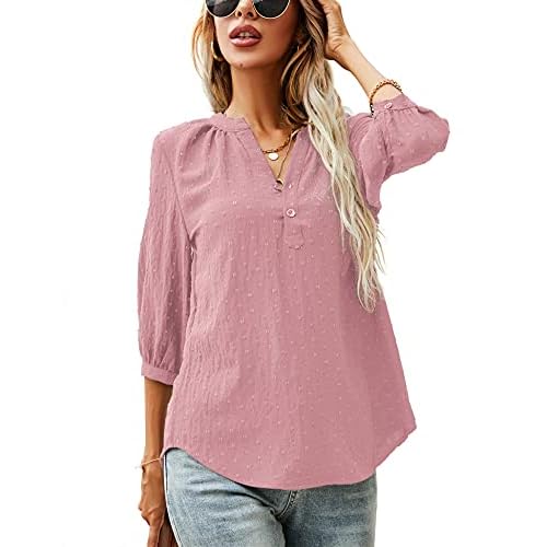 LOMON Women's Casual 3/4 Sleeve Henley V-Neck Button Up Pleated Back Blouses Swiss Dot Blouse Tops T-Shirts S-XXL Large Pink