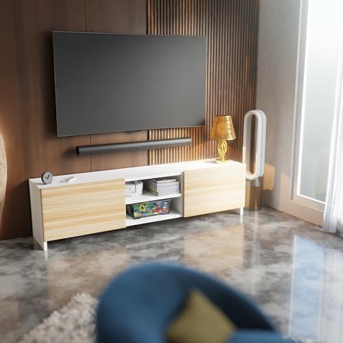 Image of Modern Living Room TV Stand with Open Display Compartment, Dual Side Storage Units, and Clean Contemporary Design for Home Decor | Assembly-DIY | Color-White & Asian Light