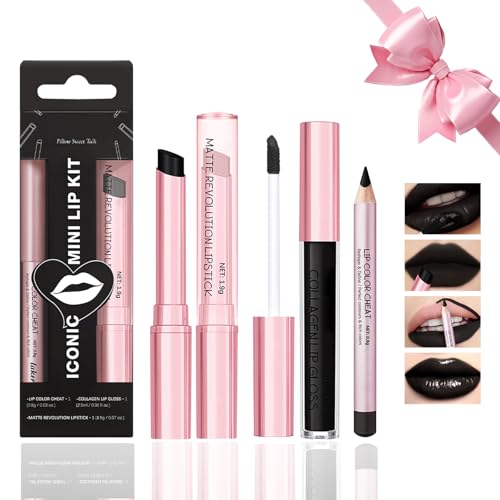 Desing Wish 3 Piezas Negro Pintalabios Permanente Perfilador Labios Brillo Barra de Labios Labiales Mate Azul Larga Duracion Labial Delineador Labios Lip Tint Lip Liner Regalo Mujer Maquillaje Kit