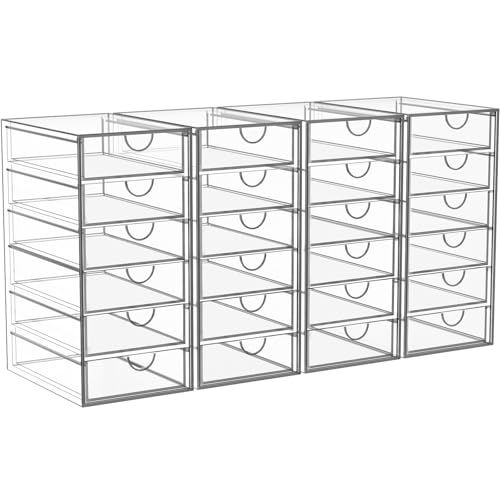 Image of YFXCVSL Acrylic Makeup Organizer with 24 Drawers, 4 Pack Clear Bathroom Counter Organizer for Palettes, Cosmetic, and Beauty Supplies,Ideal for Vanity, Cabinet,Desk Organization
